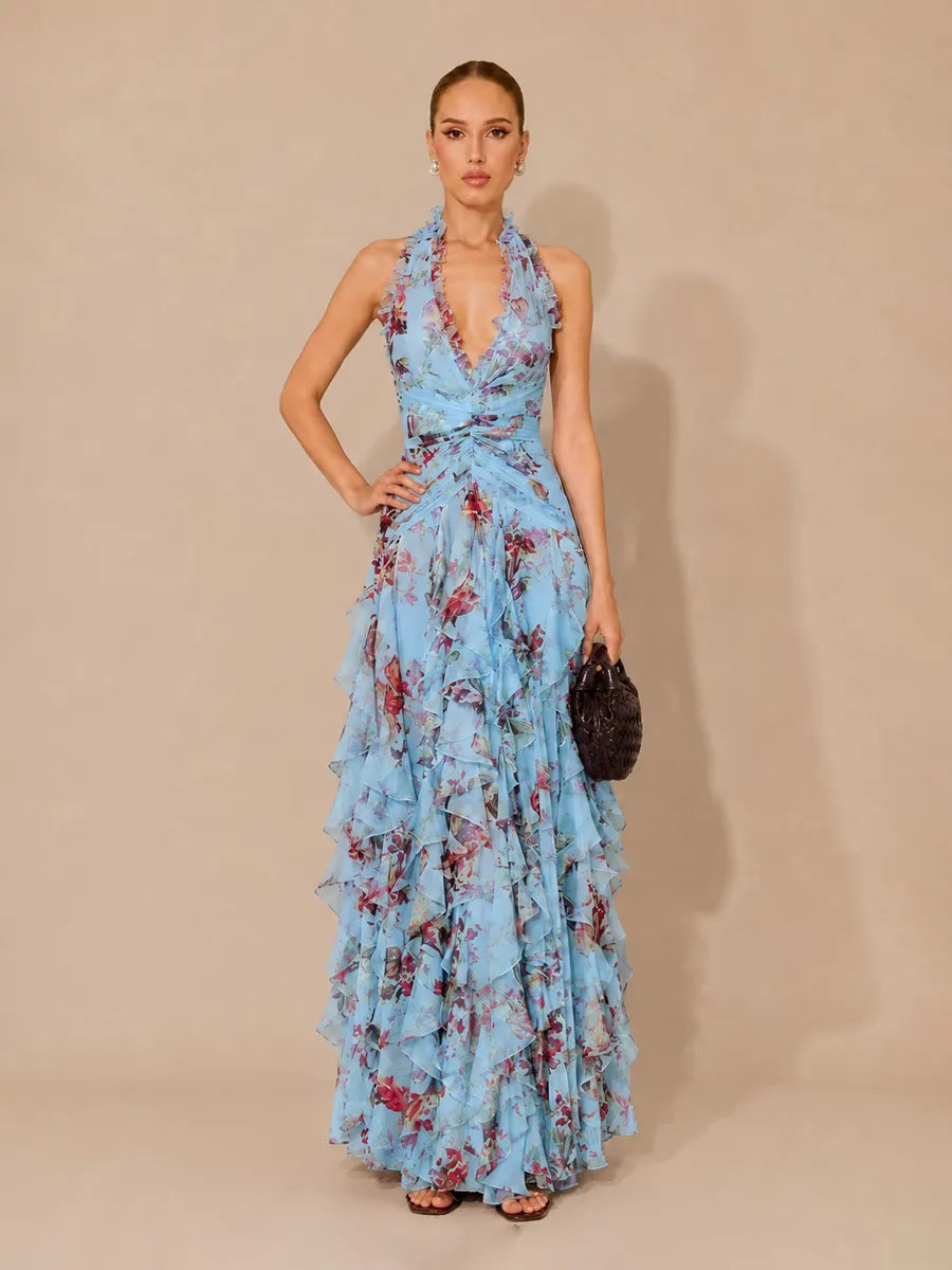 Mariana Printed Ruffled Asymmetrical Halter Backless Maxi Dress