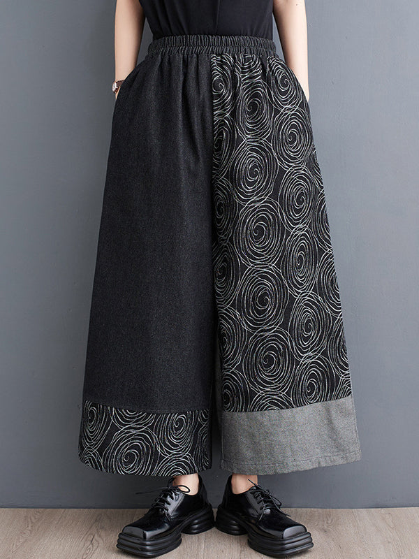 High Waisted Loose Asymmetric Elasticity Printed Split-Joint Jean Pants Bottoms