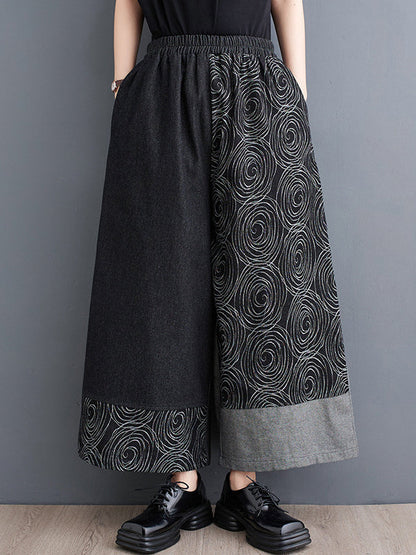 High Waisted Loose Asymmetric Elasticity Printed Split-Joint Jean Pants Bottoms