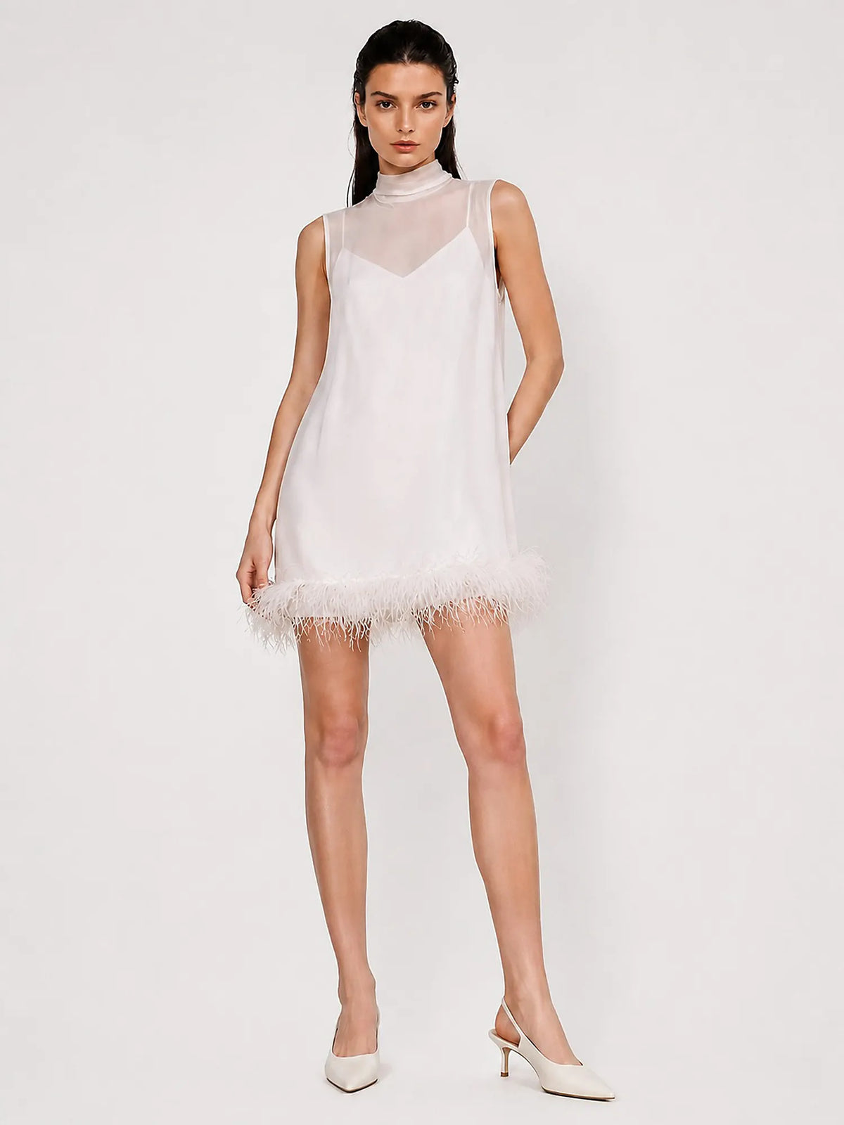 Anaya Feather-Trimmed Crew Neck Mini Dress