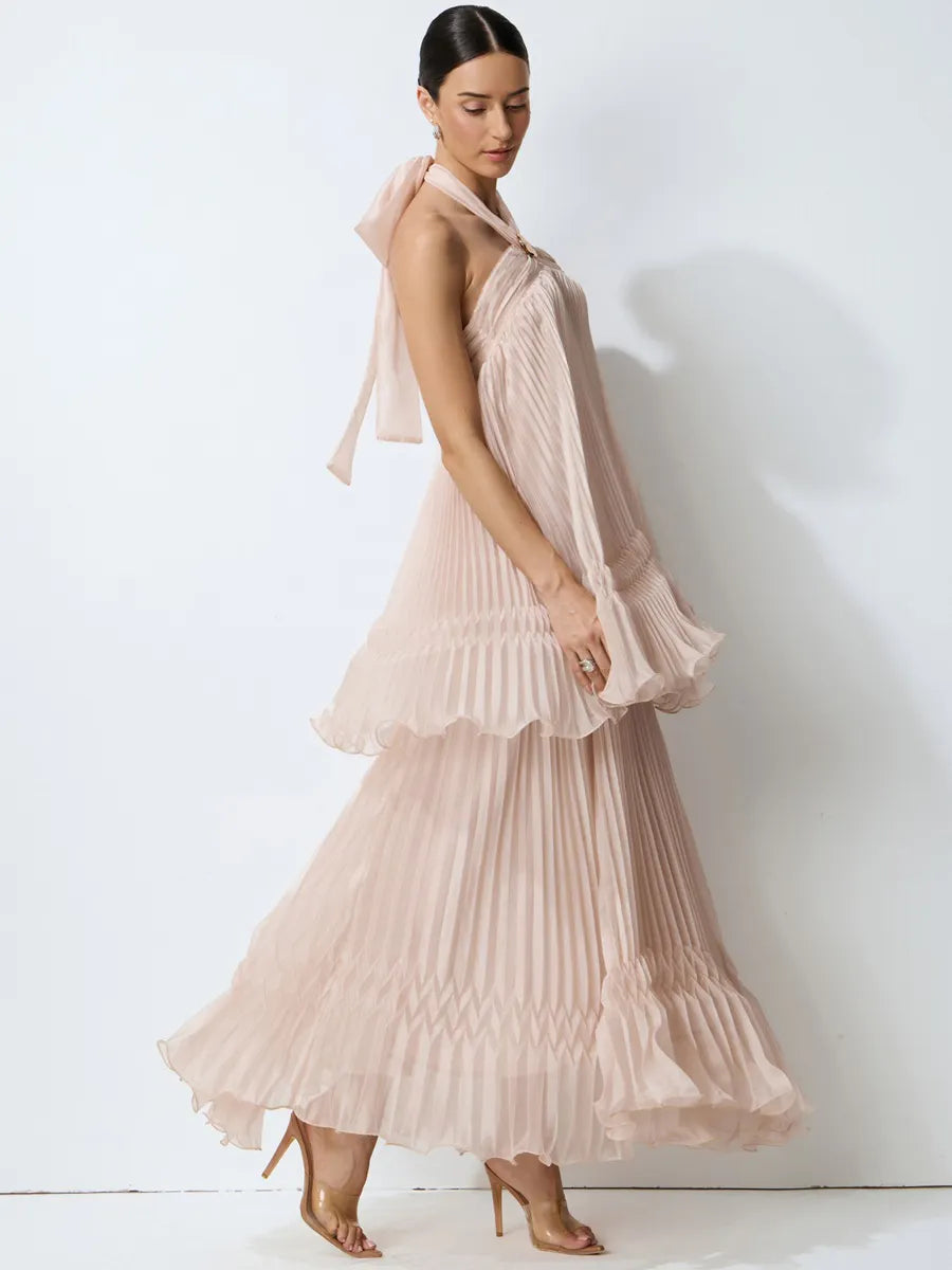 Skylar Pink Halter Neck Pleated Maxi Dress