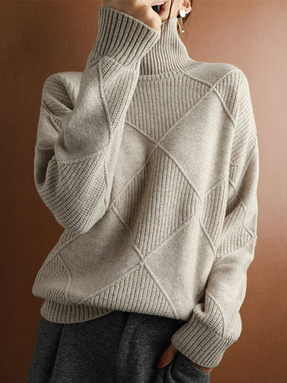 Loose Jacquard Solid Color High-Neck Sweater Tops