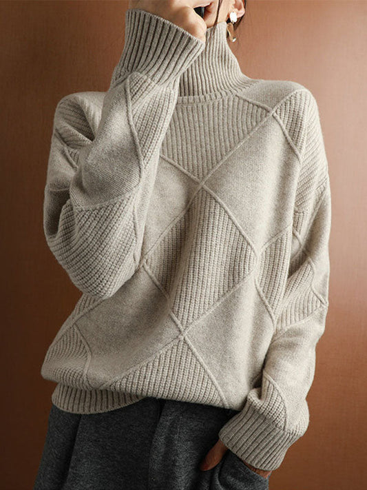Loose Jacquard Solid Color High-Neck Sweater Tops