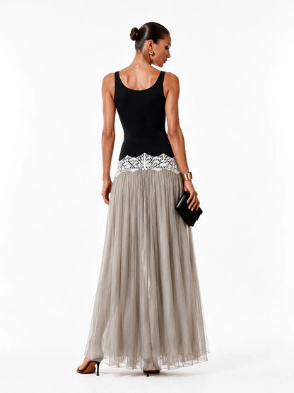 Stella Pleated Tulle-Panel Maxi Dress