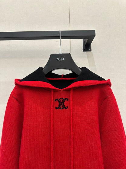 Celin Embroidered Hooded Sweater Red Wool 346089