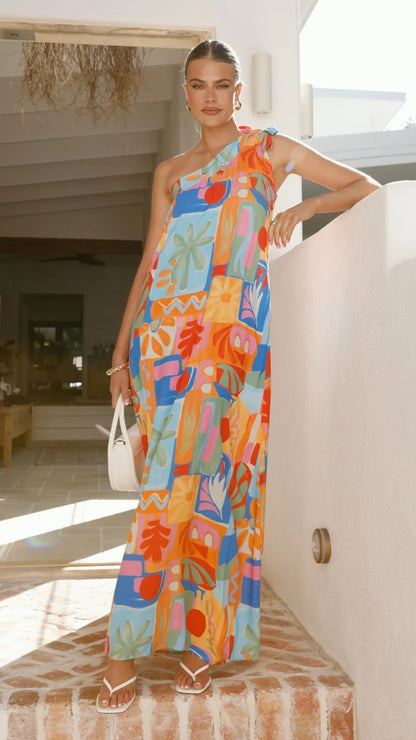 Paxton One Shoulder Maxi Dress - Tropical Abstract