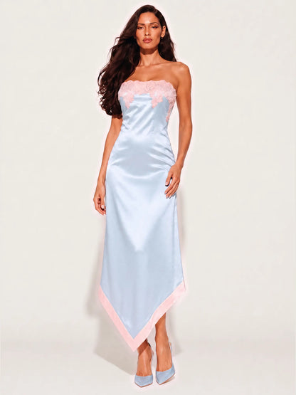 Anastasia Color-Block Lace Strapless Midi Dress