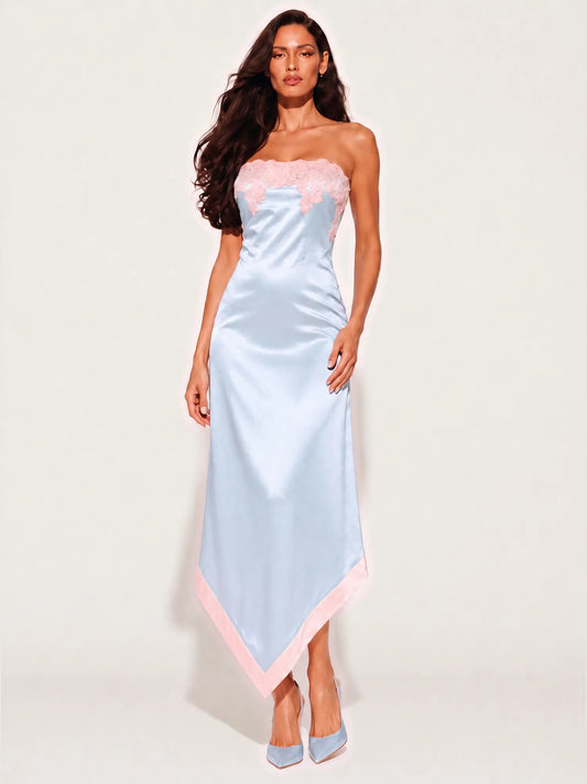 Anastasia Color-Block Lace Strapless Midi Dress