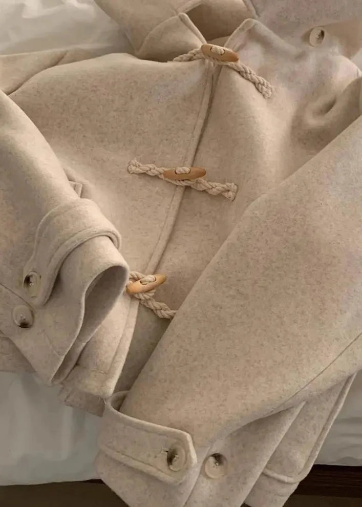 Woolen Hooded Coat with Horn Buttons and Pockets