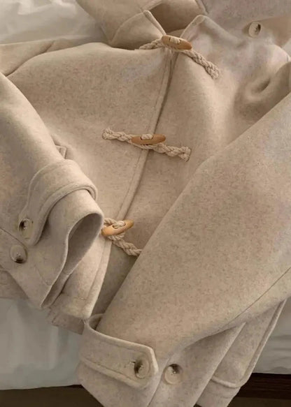 Woolen Hooded Coat with Horn Buttons and Pockets