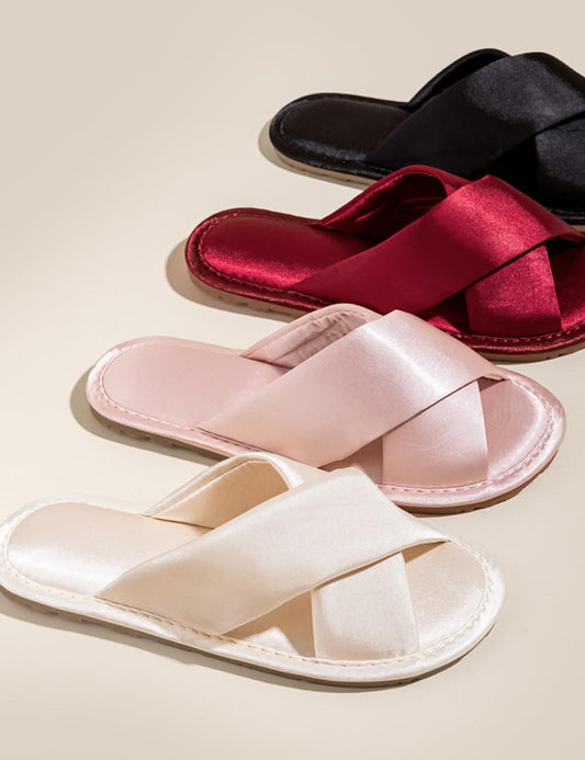 Solid Color Crossed Satin Slide Slippers
