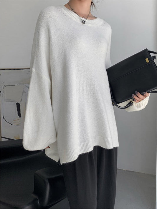 Loose Puff Sleeves Split-Side Solid Round-Neck Sweater Tops