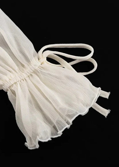 Ruffled V Neck Long Sleeve A Line Dress Beige