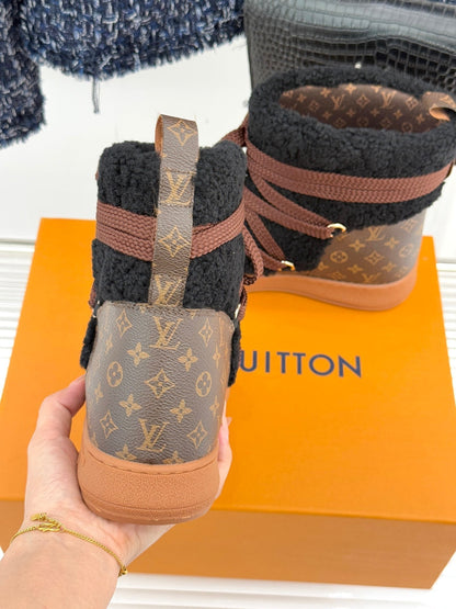 LV Cloud Lace-Up Ankle Boot Sneaker Black- Brown Shearling Monogram Canvas 572467