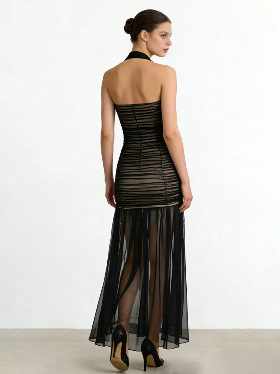 Audrey Sleeveless Pleated Mesh Maxi Dress