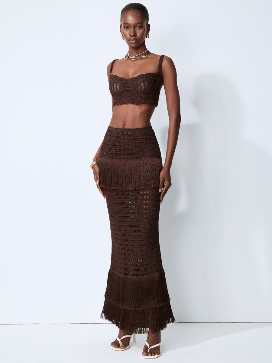 Julia Brown Crochet Knit Top & Fringe Skirt Set