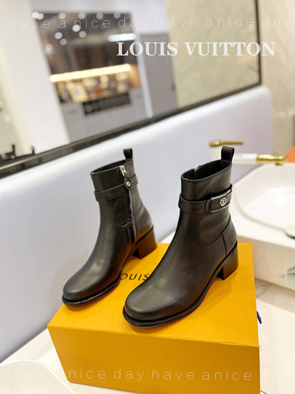 LV Waist Side Ankle Boots Black Calfskin