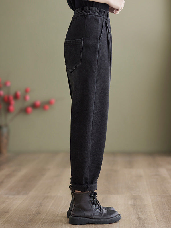 Casual Loose Velvet Elasticity Solid Color Harem Jean Pants Bottoms