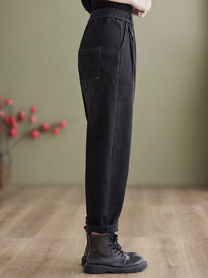 Casual Loose Velvet Elasticity Solid Color Harem Jean Pants Bottoms