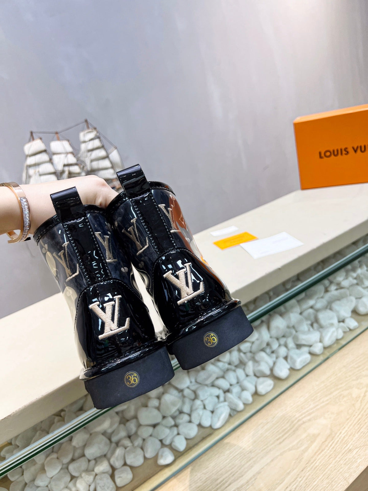 LV 25 Snow Boots Black Monogram PVC Wool