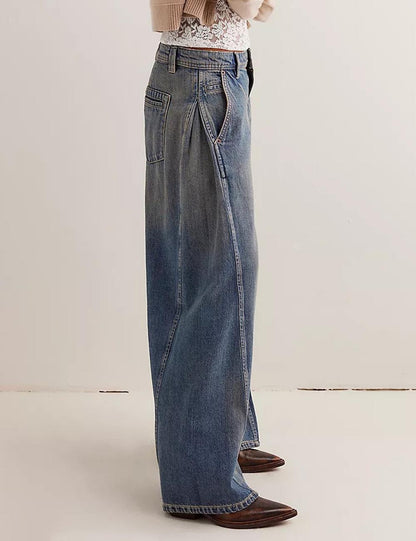 Distressed Washed Mid Waist Wide Leg Denim Pants