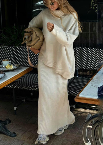 Oversized Knit Sweater And Maxi Skirt Set Beige
