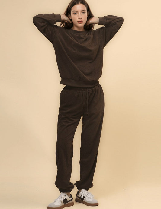 Solid Color Corduroy Casual Pullover Set