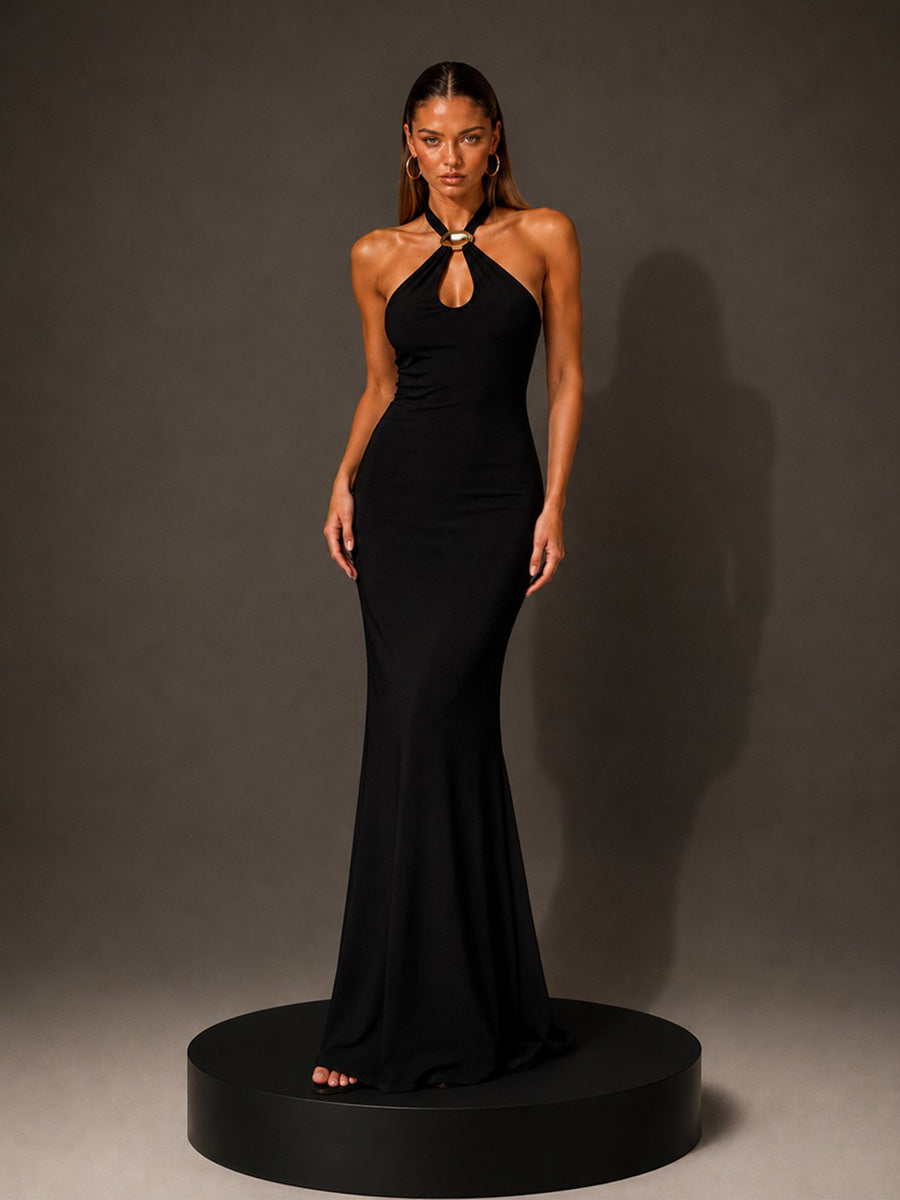 Anais Metal-Buckle Halterneck Maxi Dress