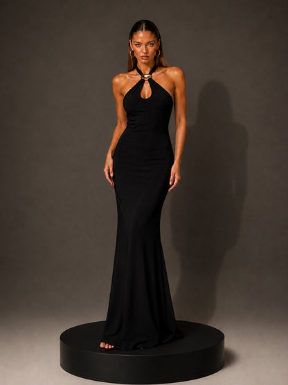 Anais Metal-Buckle Halterneck Maxi Dress
