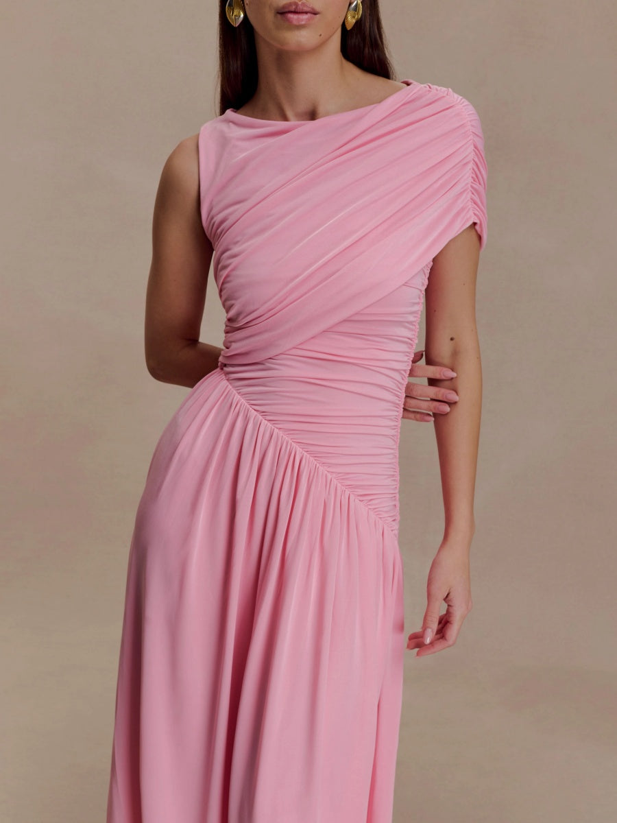 Lila One-Shoulder Ruched Chiffon Maxi Dress