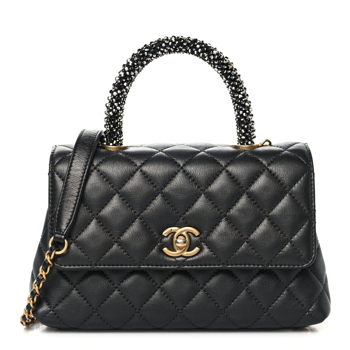 Calfskin Strass Quilted Mini Coco Handle Flap Dark Silver