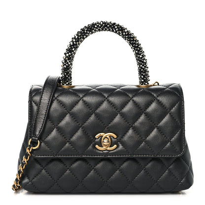Calfskin Strass Quilted Mini Coco Handle Flap Dark Silver