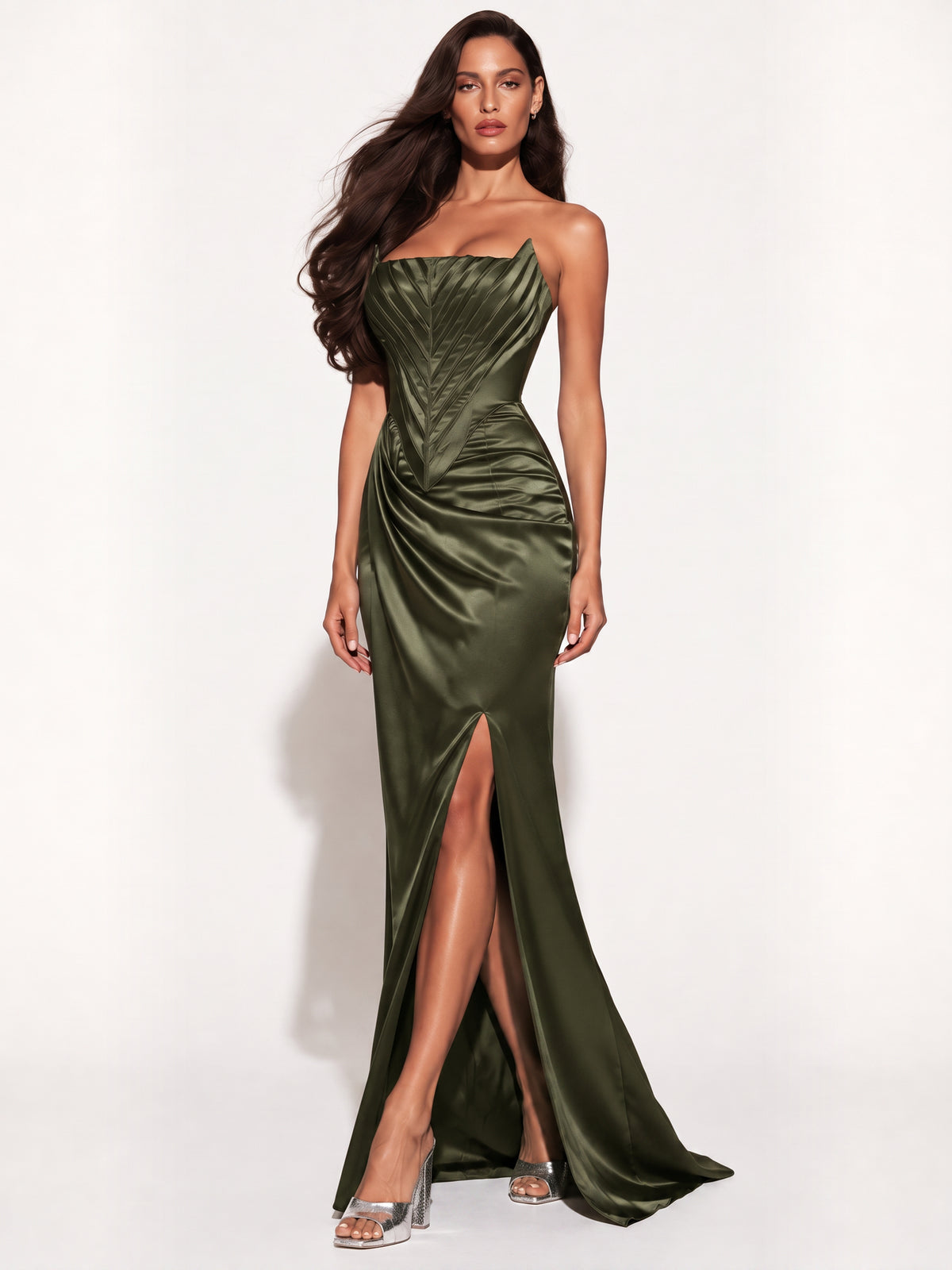 Aurora Strapless Corset Draped Slit Maxi Dress