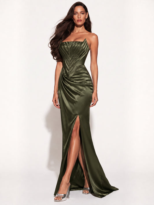Aurora Strapless Corset Draped Slit Maxi Dress