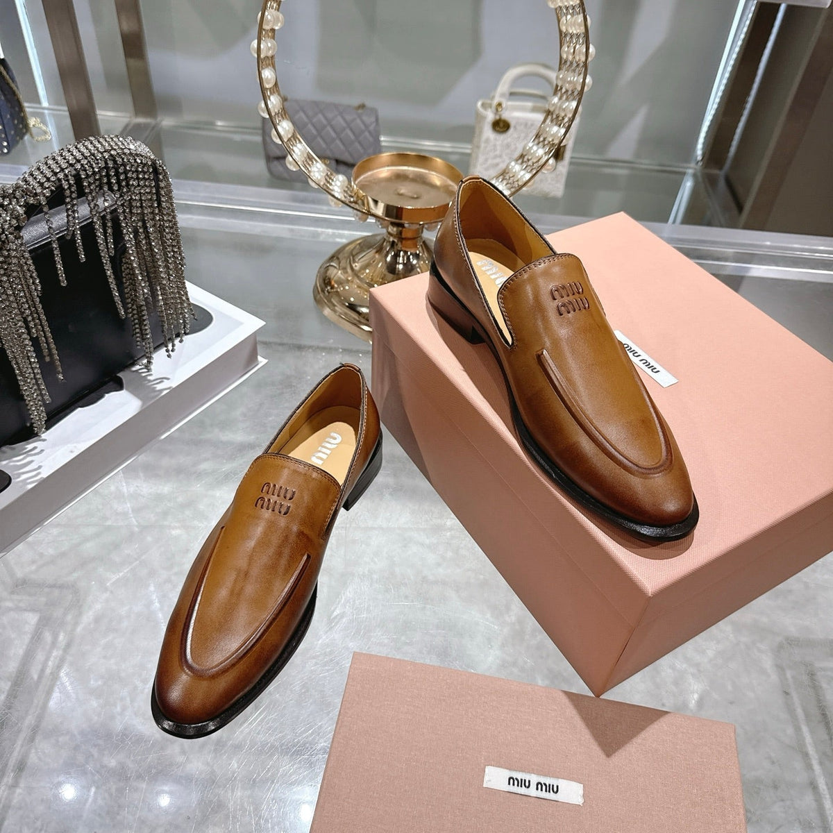 Miu Distressed Loafers Camel Brown Cowhide 592055