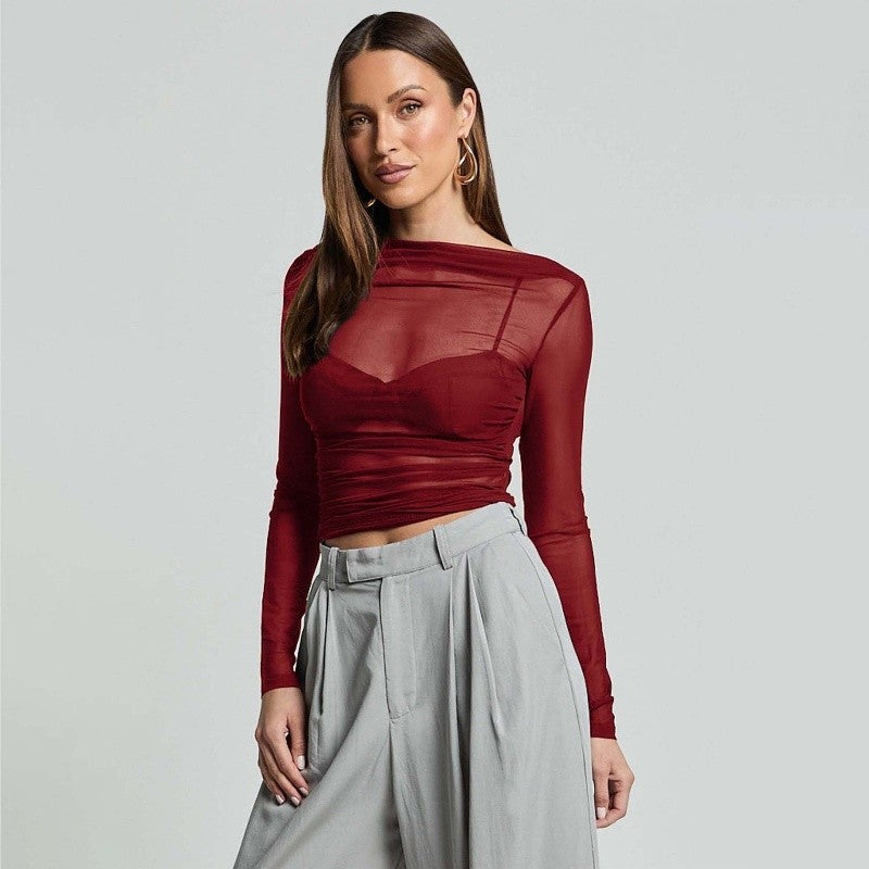 Mesh Ruffle Long Sleeve Tee