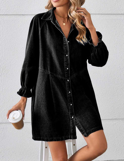 Denim Splice Washed Long Sleeve Midi Dress