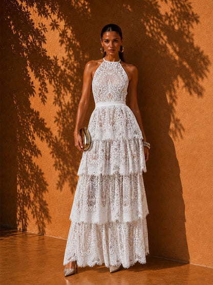 Peyton Elegant Multi-Layered Lace and Mesh Maxi Dress