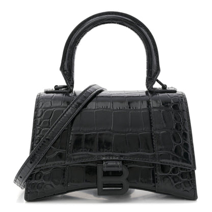 Shiny Calfskin Monochrome Crocodile Embossed Hourglass Top Handle Bag XS Black