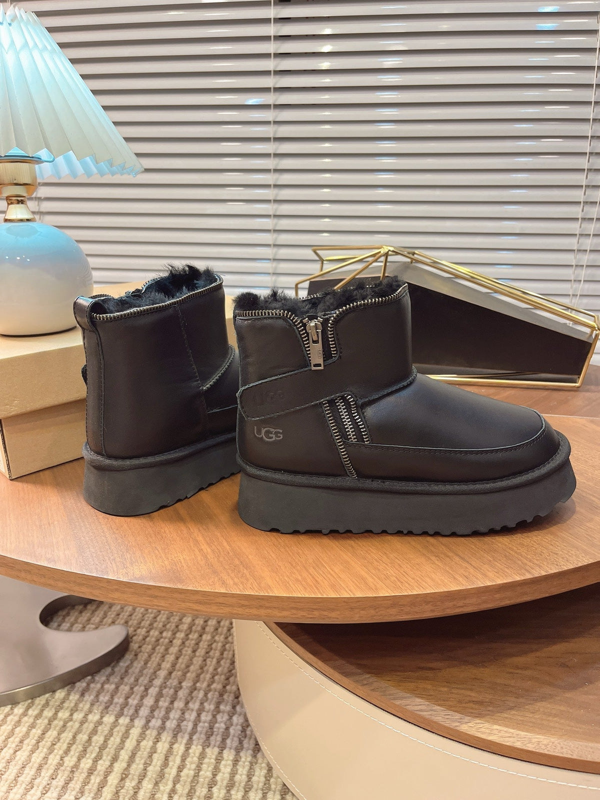 UGG Classic Rebel Biker Mini Boots Black Cowhide Fur