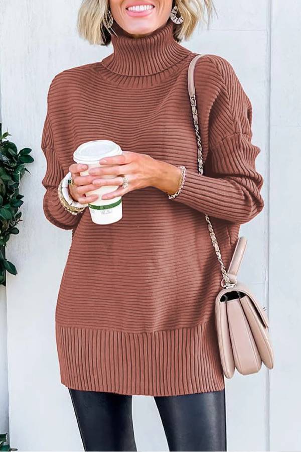 Mineral Red Turtleneck Ribbed Knit Tunic Sweater