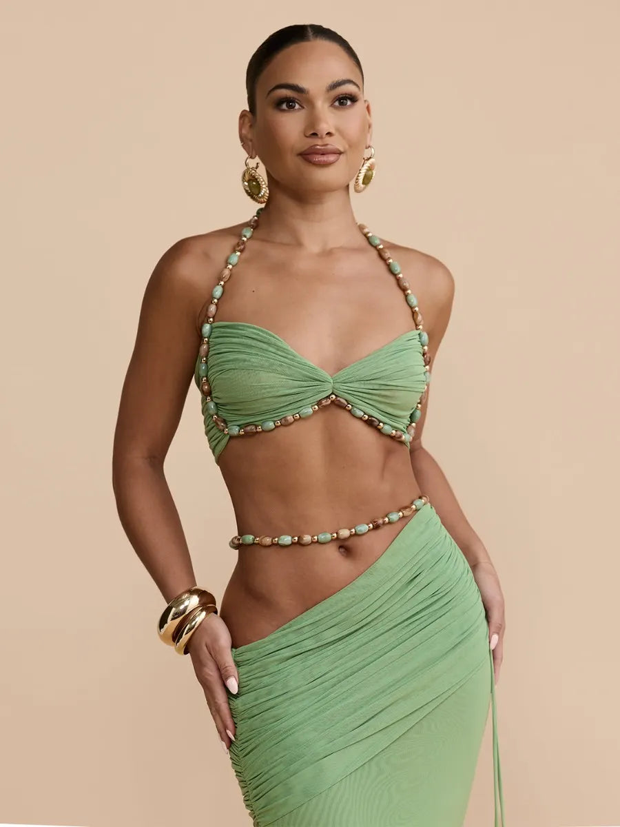 Marisol Beaded Halter Bikini Set in Green