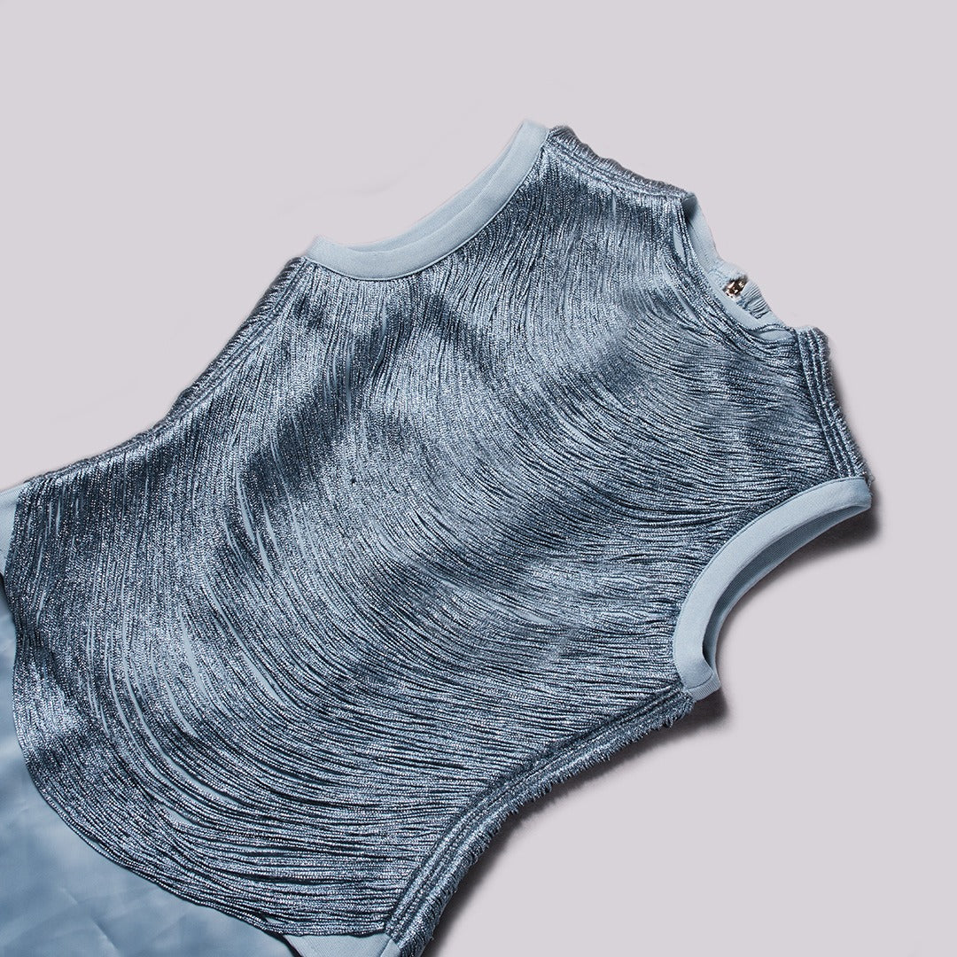 Fedde Fringe Satin Skirt Set In Sky Blue