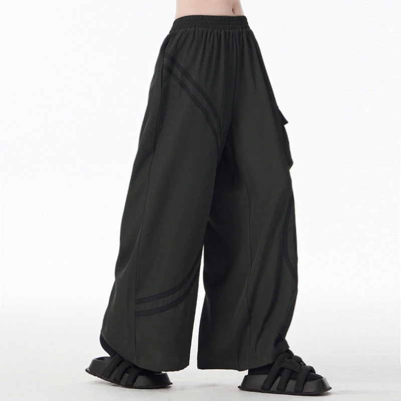 Striped Patch Pocket Loose Wide Leg Elastic Waist Pants