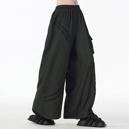 Striped Patch Pocket Loose Wide Leg Elastic Waist Pants