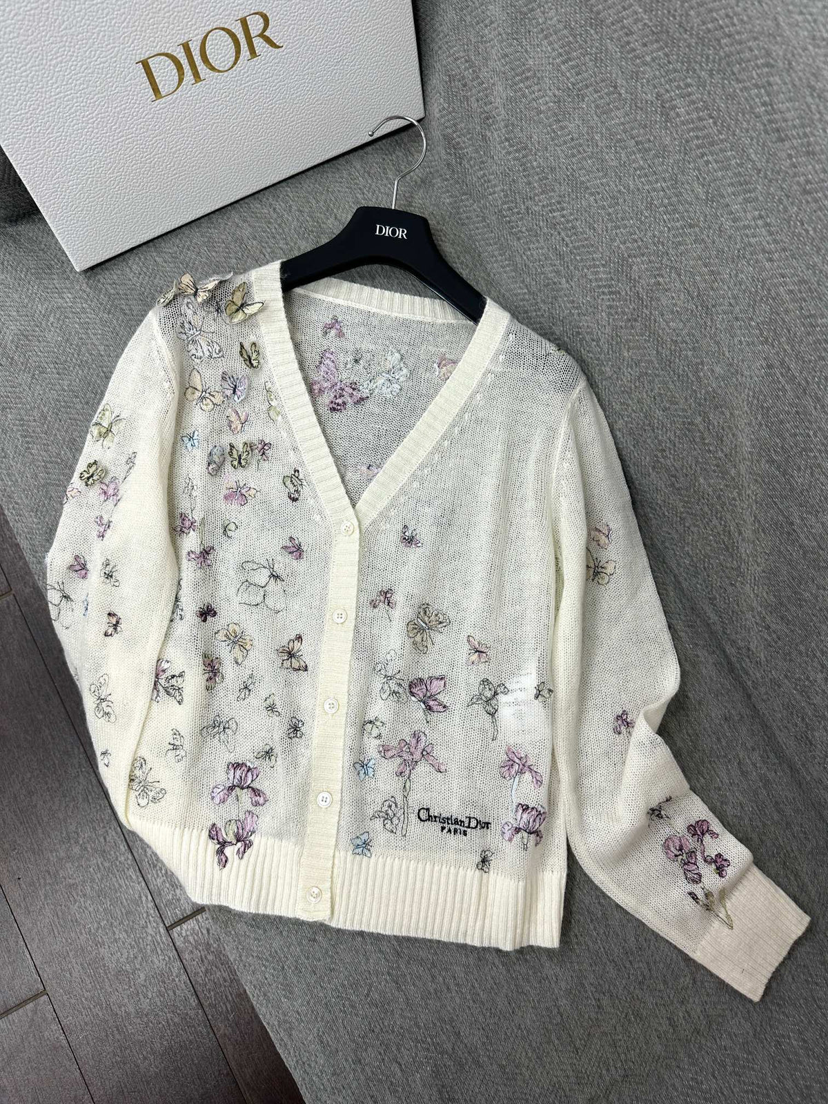 CD Butterfly Embroidered Cardigan White Alpaca Wool Cashmere 345330
