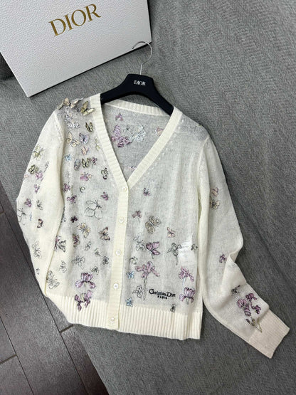 CD Butterfly Embroidered Cardigan White Alpaca Wool Cashmere 345330