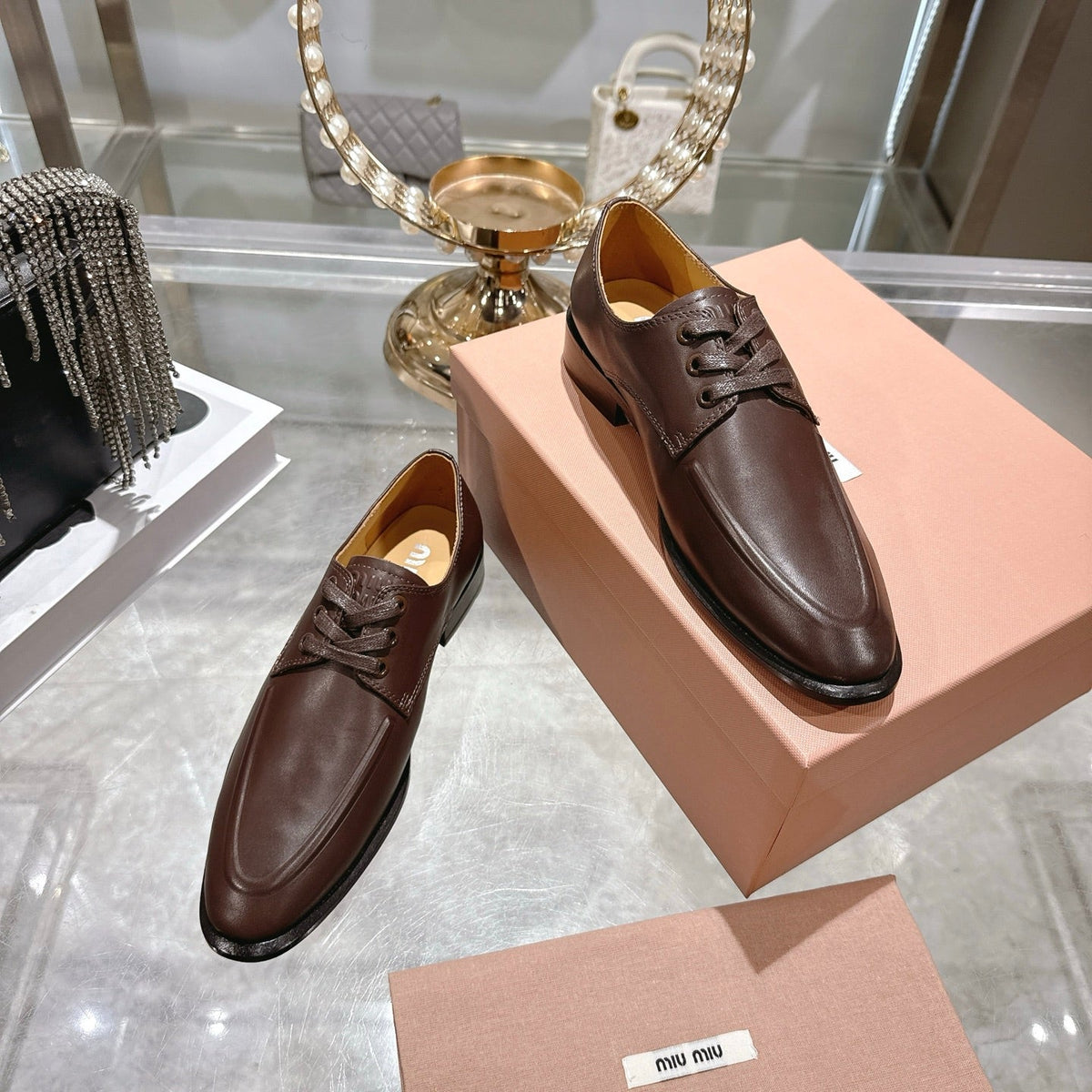 Miu Distressed Loafers Brown Cowhide 592058