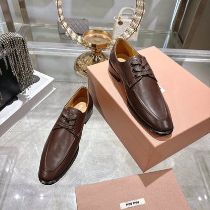 Miu Distressed Loafers Brown Cowhide 592058