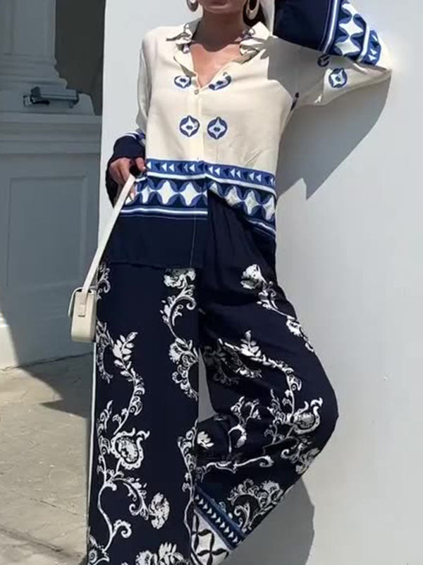 Loose Buttoned Long Sleeves Lapel Blouses & Printed Casual Pants Suits